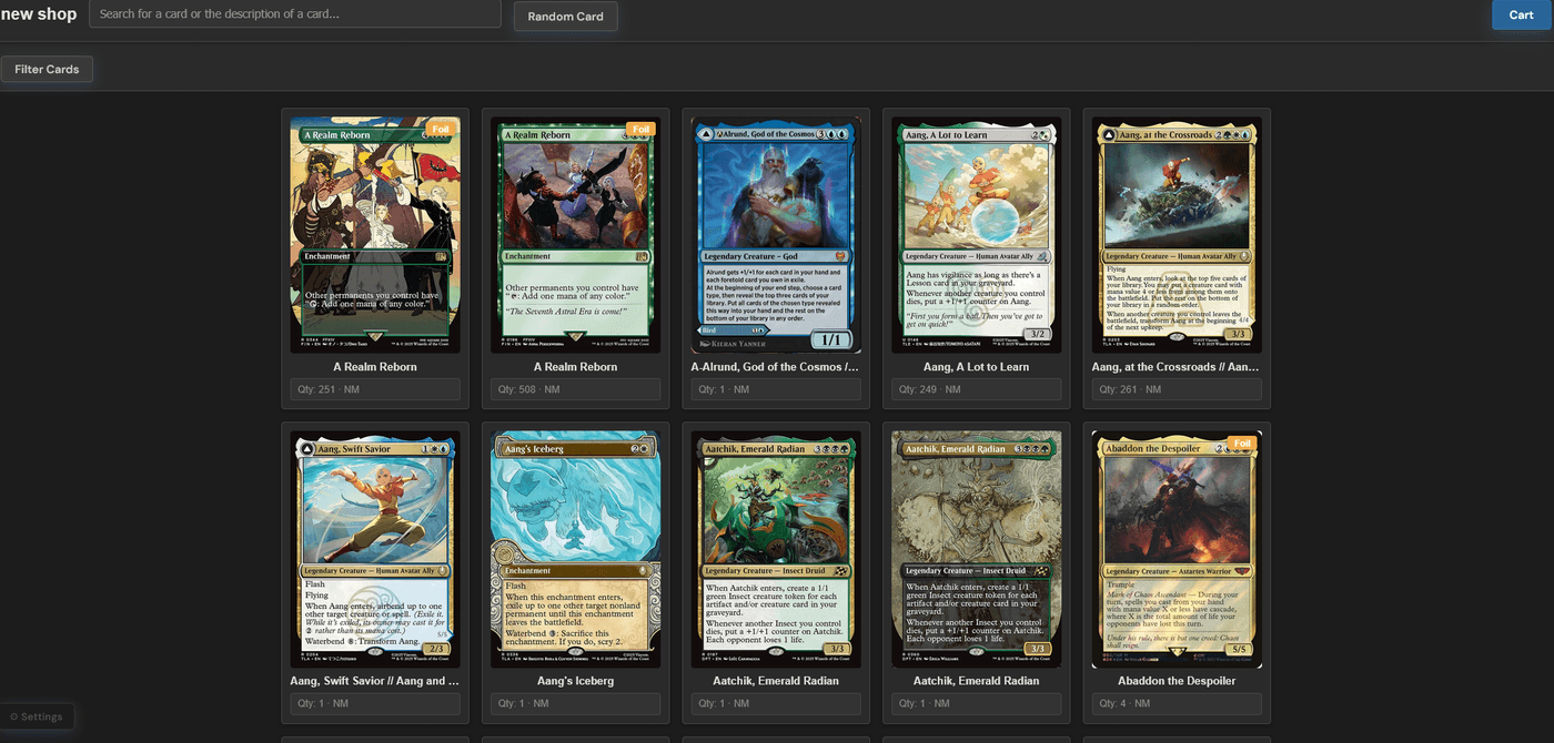 Shop storefront showing a searchable grid of cards in stock