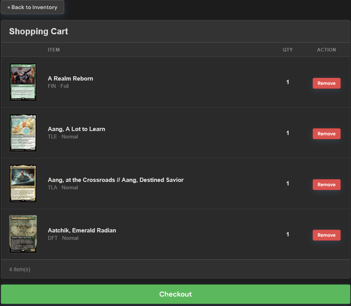 Shopping cart with selected cards ready for checkout