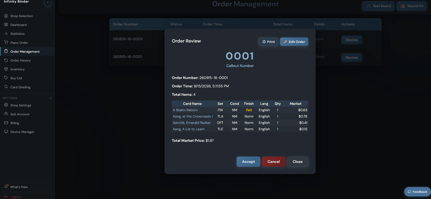 Staff order review screen with callout number and market total